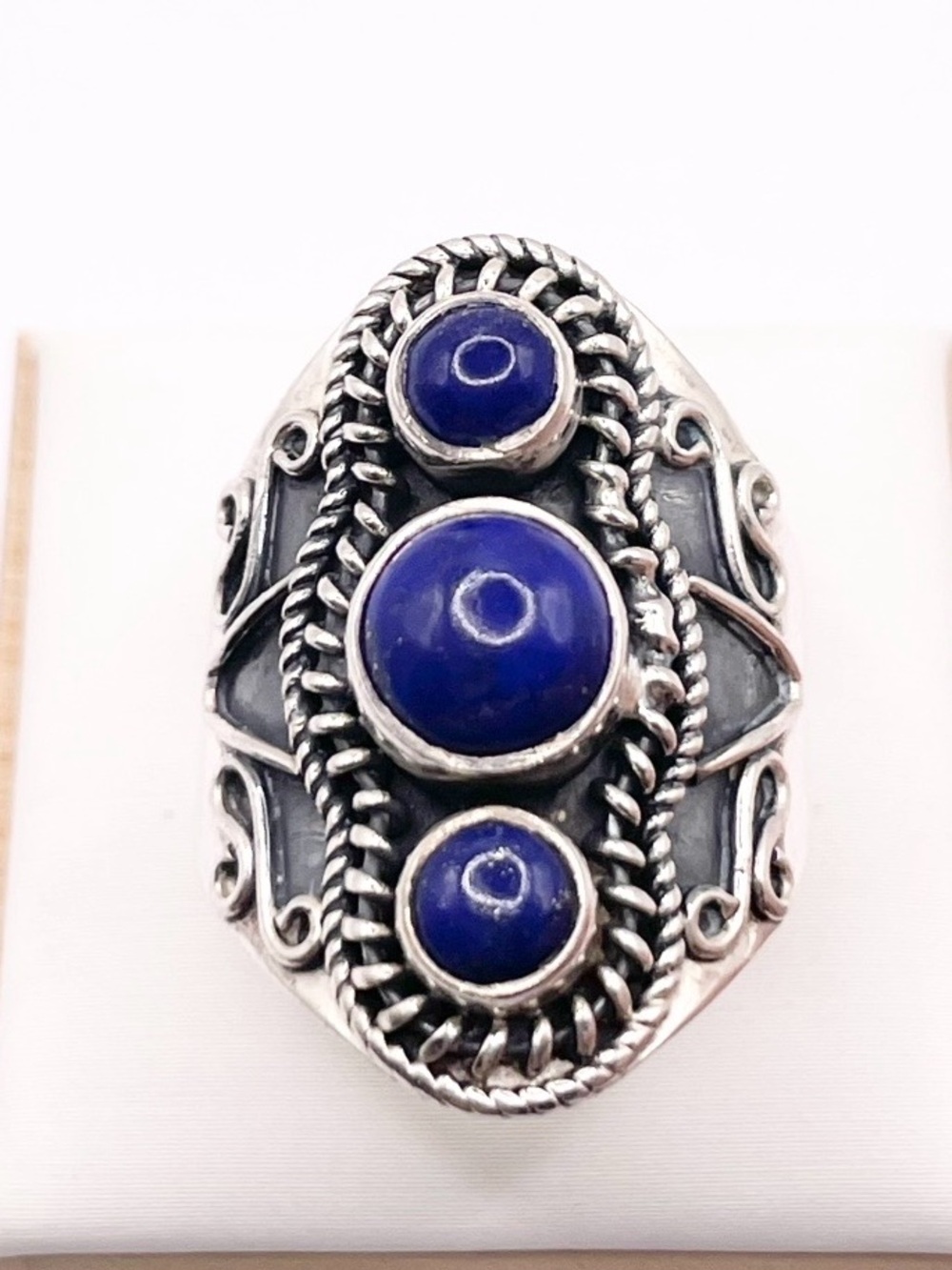 Size 9 925 Sterling Silver Blue Lapis Triple Cabochon Statement Ring - Picture 2 of 10